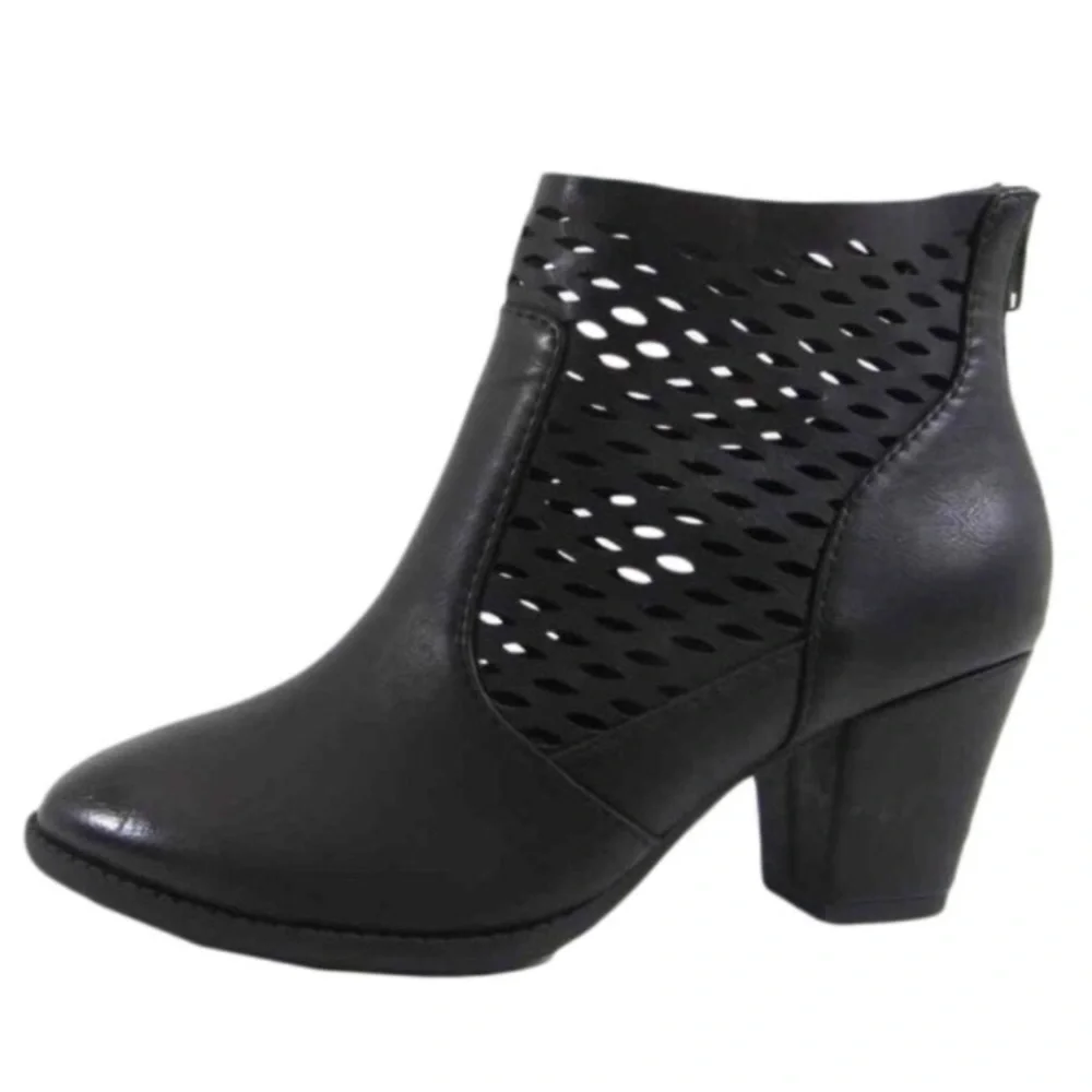 Laser Cut Back Zip Almond Toe Heeled Ankle Booties - Picture 3 of 4